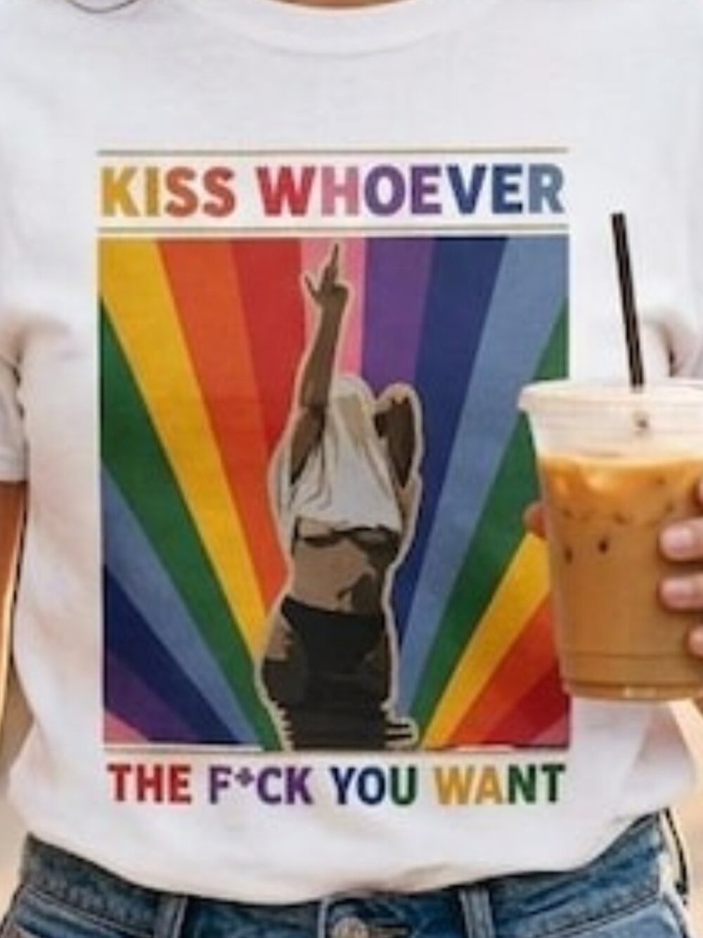 Pride Shirt Kiss Whoever You Want, LGBTQ Shirt Bold Statement Tee - Picture 2 of 4
